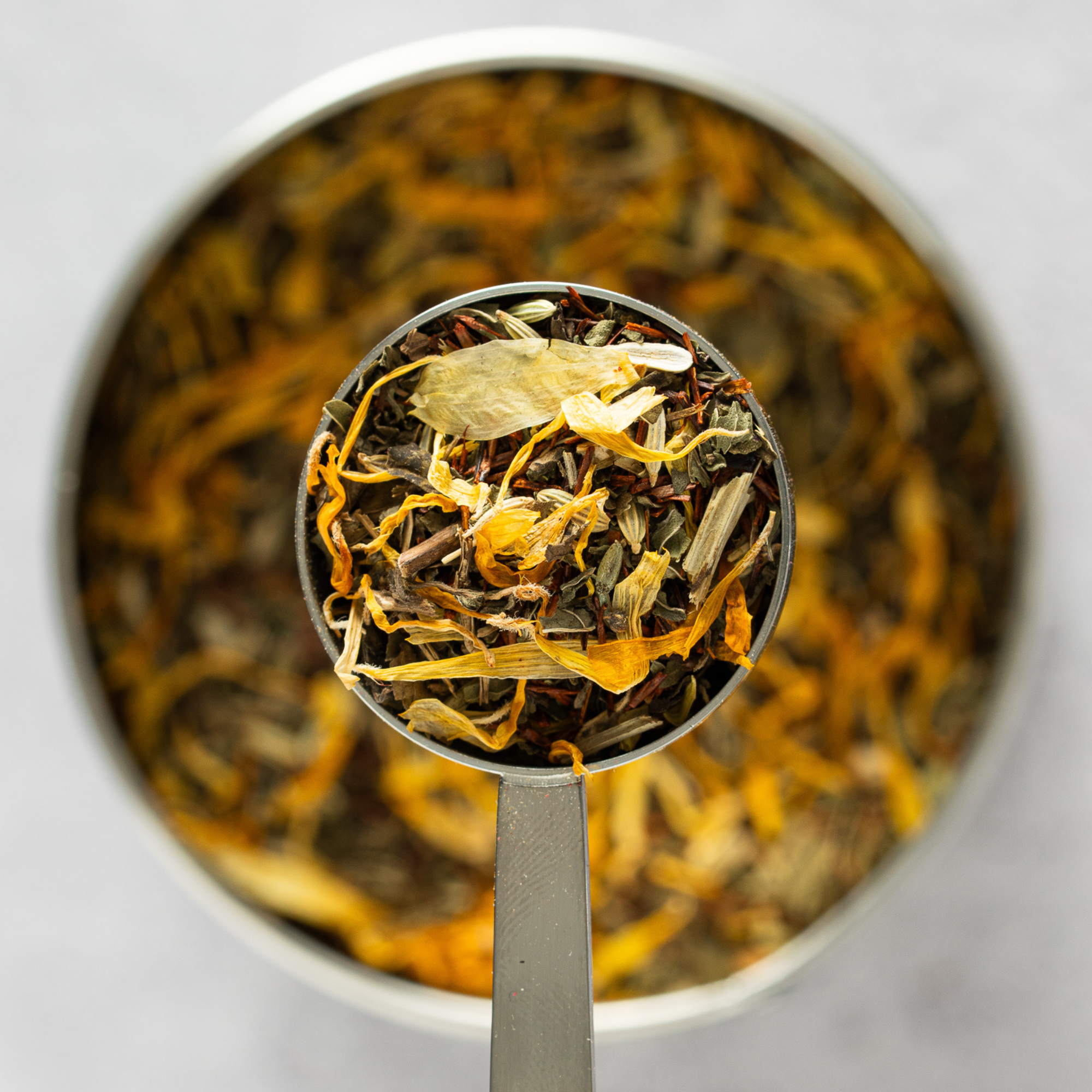 Close up of Blooming Soothe loose leaf mint tea with peppermint and rooibos