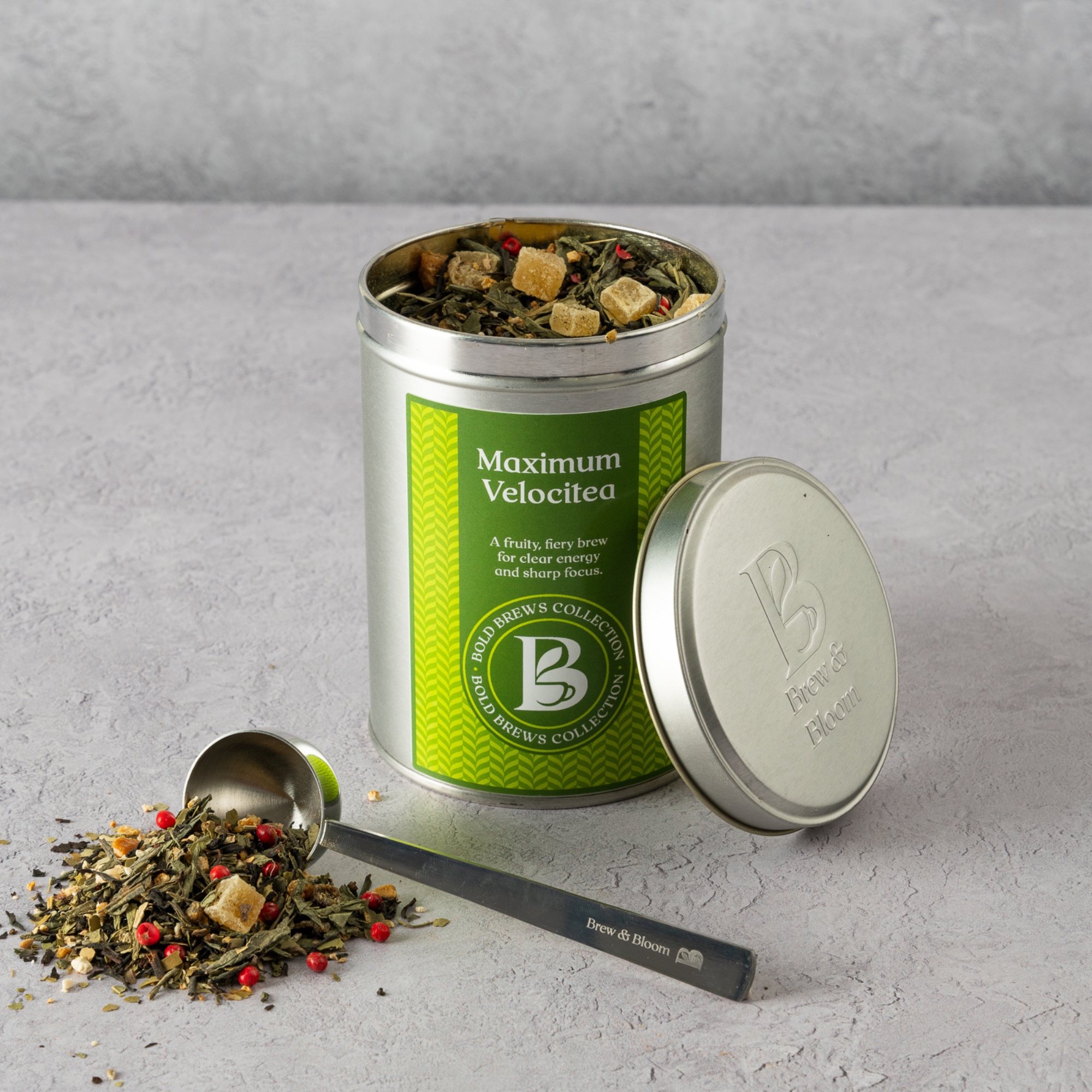 Maximum Velocitea loose leaf energy tea tin with measuring spoon